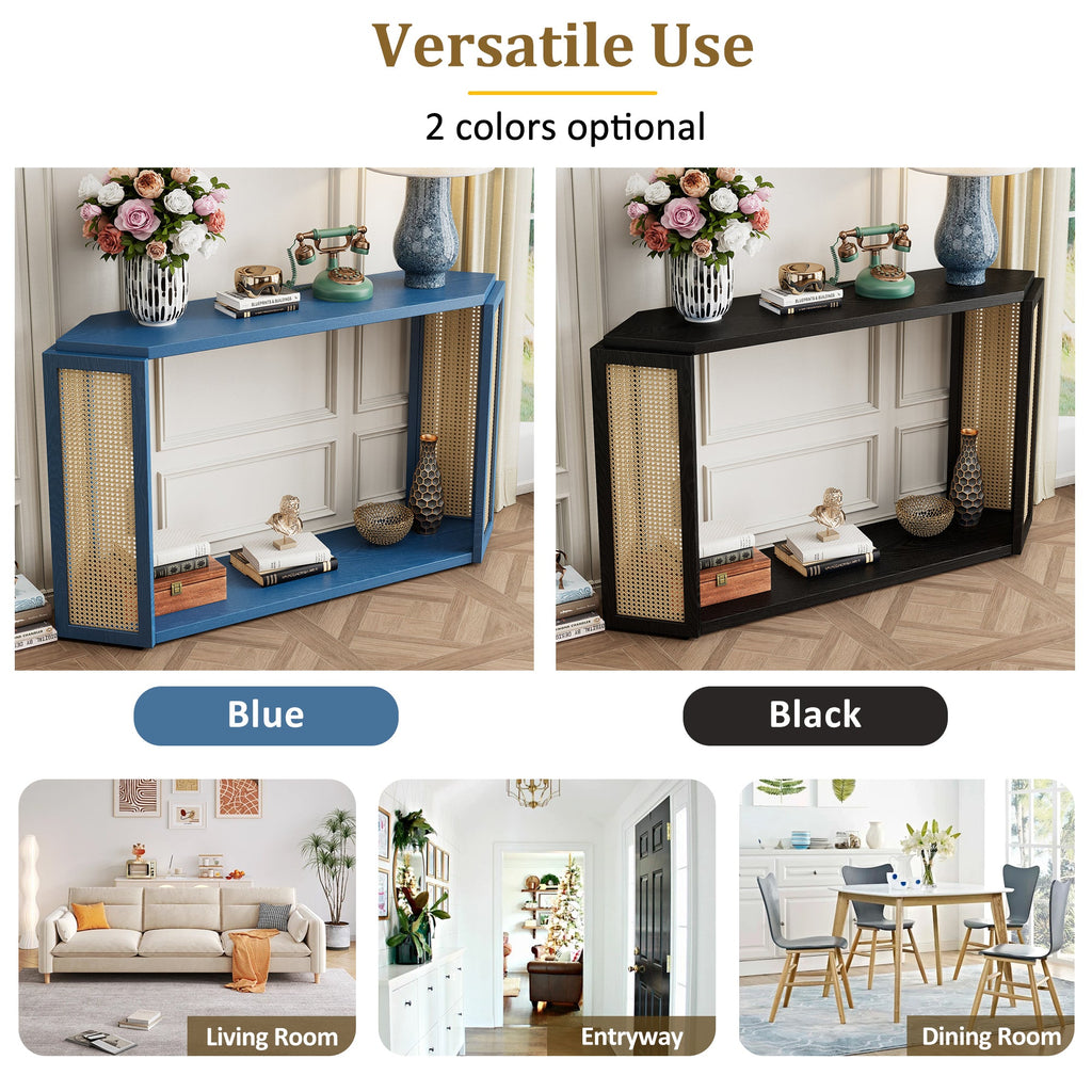 TREXM Narrow Console Table with Unique Irregular Top Design, Entryway Table with Open Shelf, Rattan Sofa Table for Living Room Hallway and Entrance (Black)