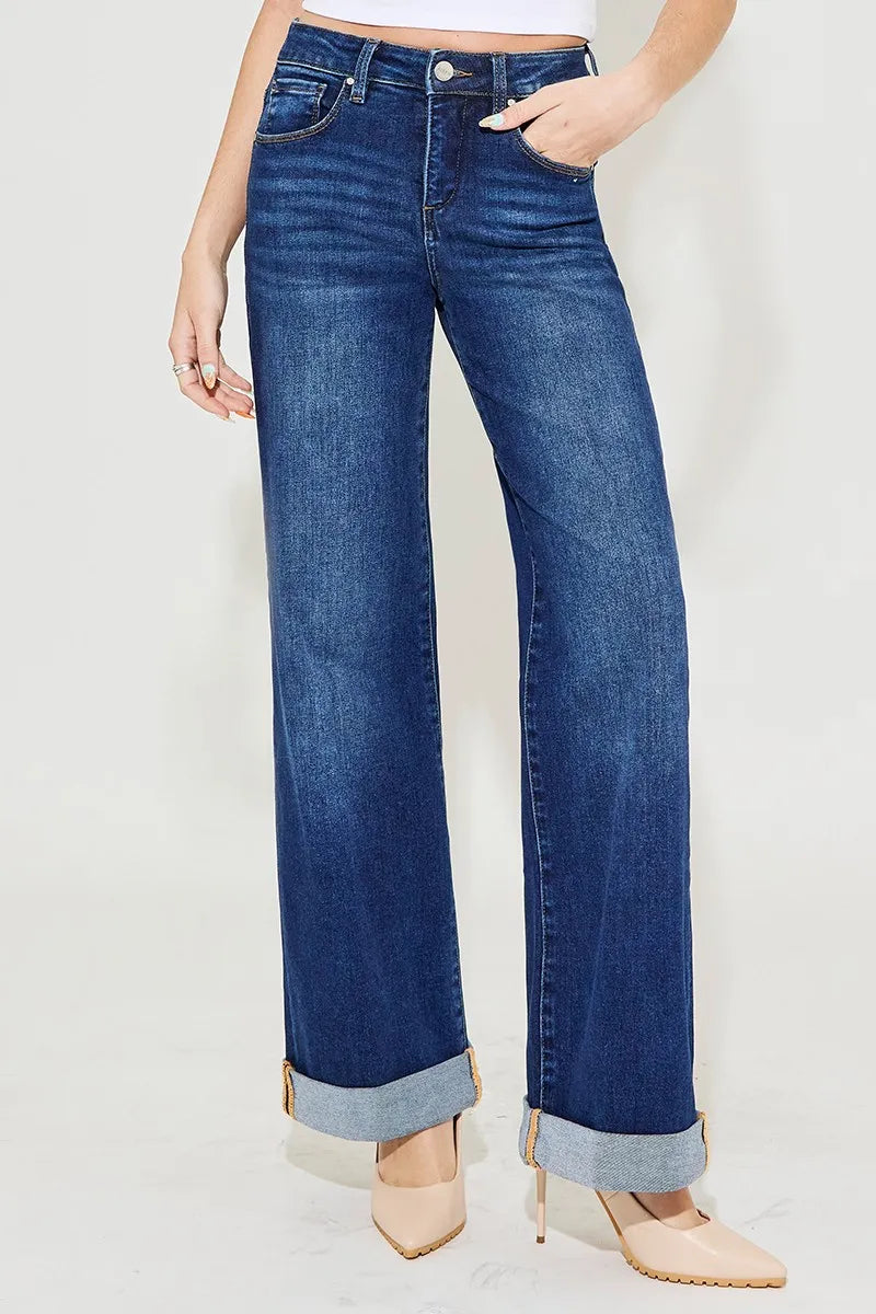 RISEN Full Size Tummy Control High Rise Wide Leg Cuffed Jeans Plus Size