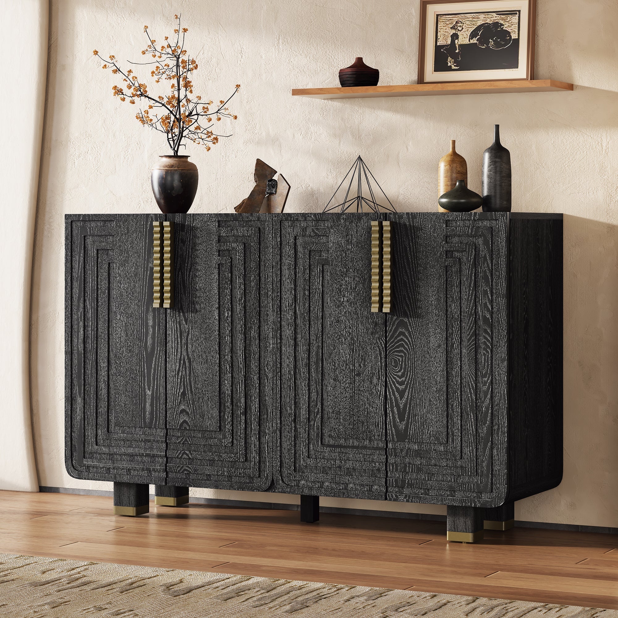 TREXM 54' Retro Buffet Cabinet with Storage, 4-Door Vintage Fluted Sideboard Cabinet with Adjustable Shelves for Dining Room, Kitchen, and Living Room (Black)