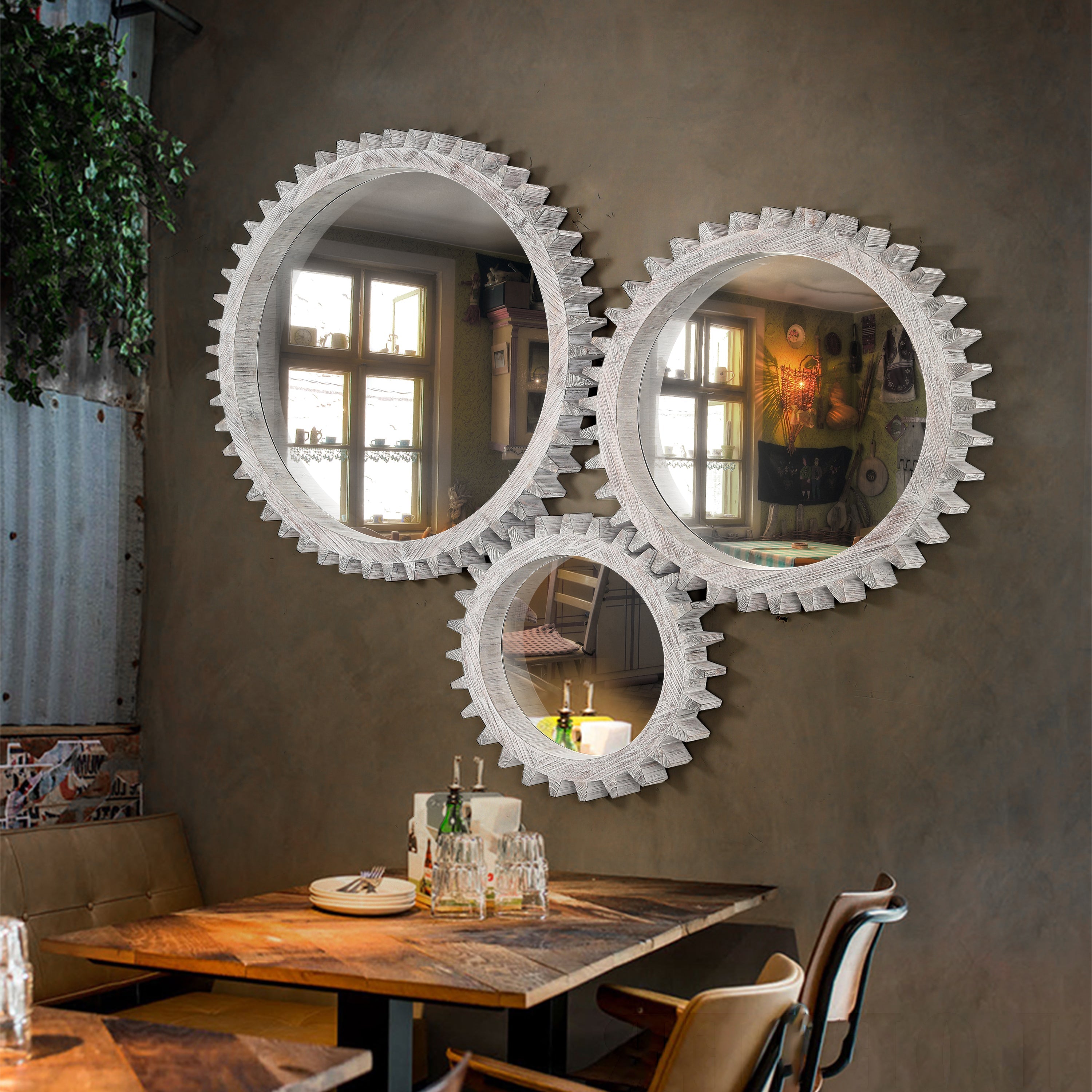 Vintage 17'' x 17'' Wood Round Hanging Gear Shape Decorative Mirror Patchwork Effect With Large-size Mirrors  Individually On Art Walls,Sold Individually(Antique White Washed)