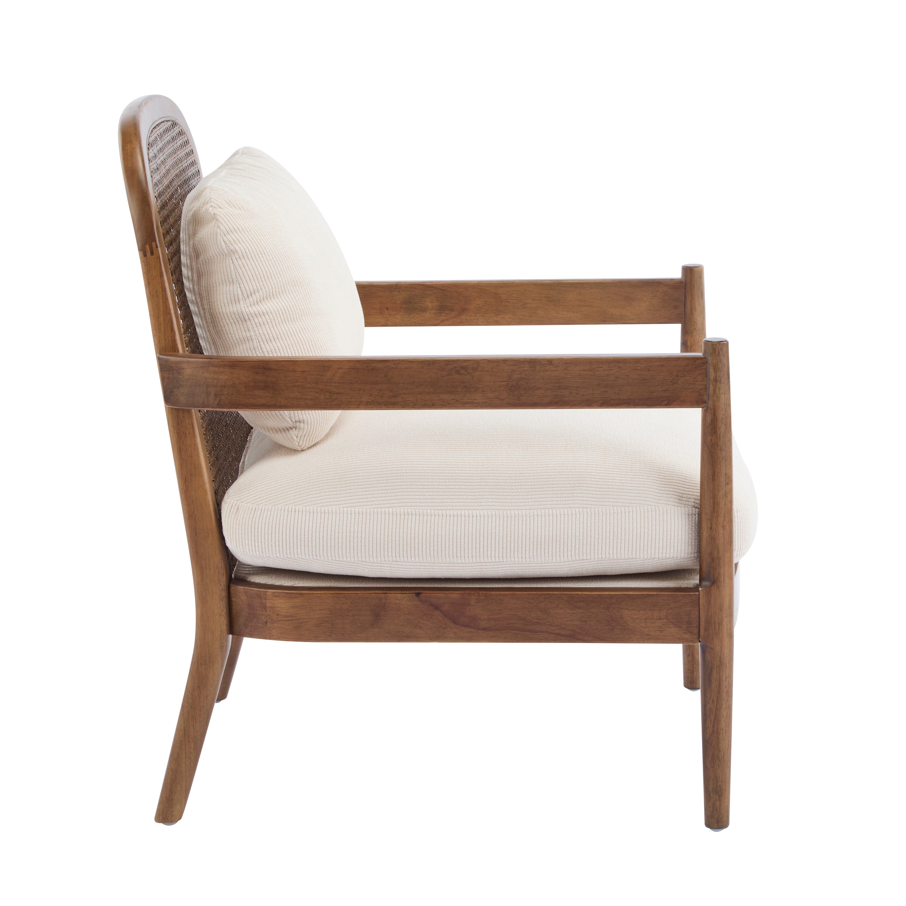 [Set of 2] 26.6' Mid-Century Modern Accent Chair with Light Brown Finish Solid Wood Frame and Rattan Backrest, Beige Cushion with Striped Fabric, Comfy Armchairs for Living Room, Bedroom, Reading Nook