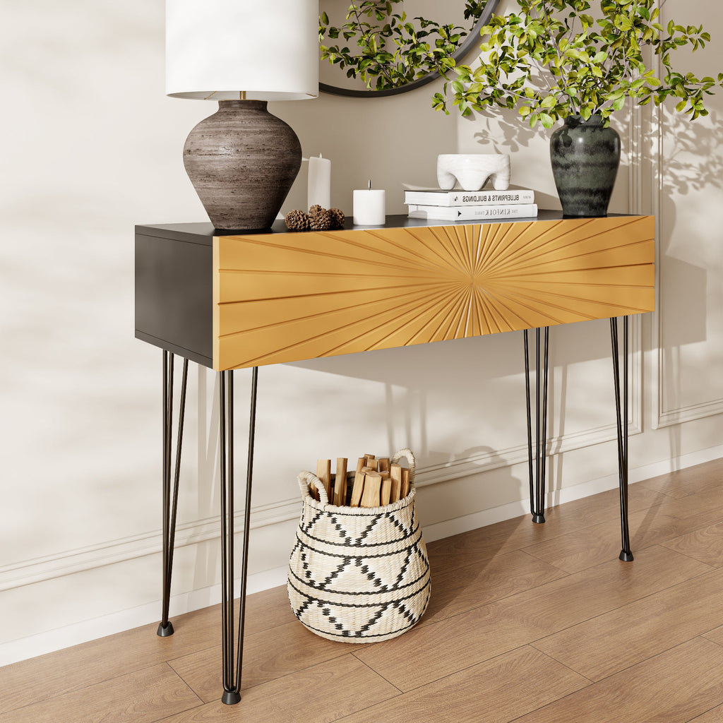 Mordern Farmhouse Wood 39.4' Console Table -  Black & Gold with 2 Drawers and Storage for Entryway