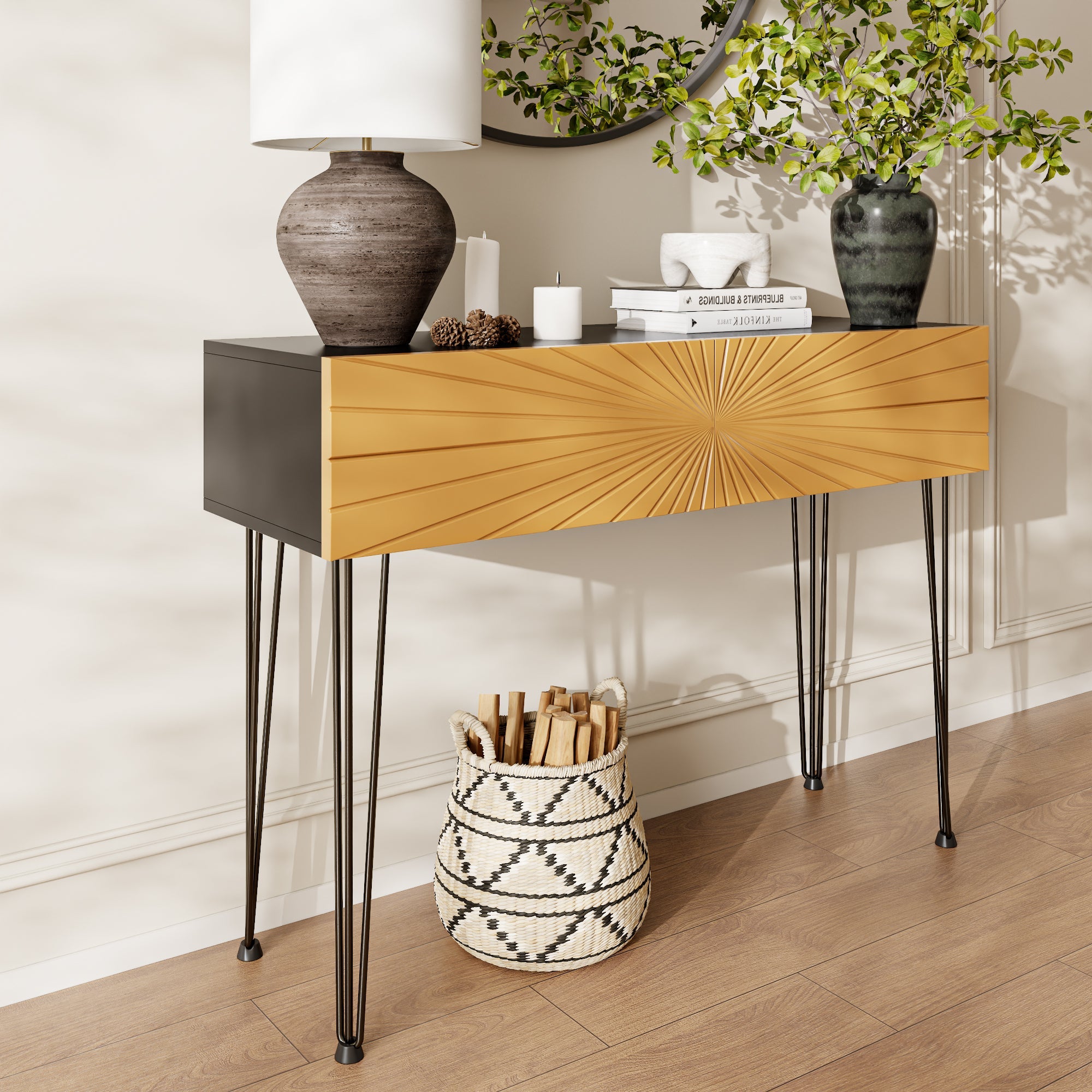 Mordern Farmhouse Wood 39.4' Console Table -  Black & Gold with 2 Drawers and Storage for Entryway
