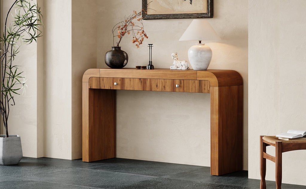 TREXM Rustic Console Table with Fluted Drawer Front, Entryway Table with Curved Corners & Thick Legs, Sturdy Sofa Table for Hallway & Living Room (Brown)