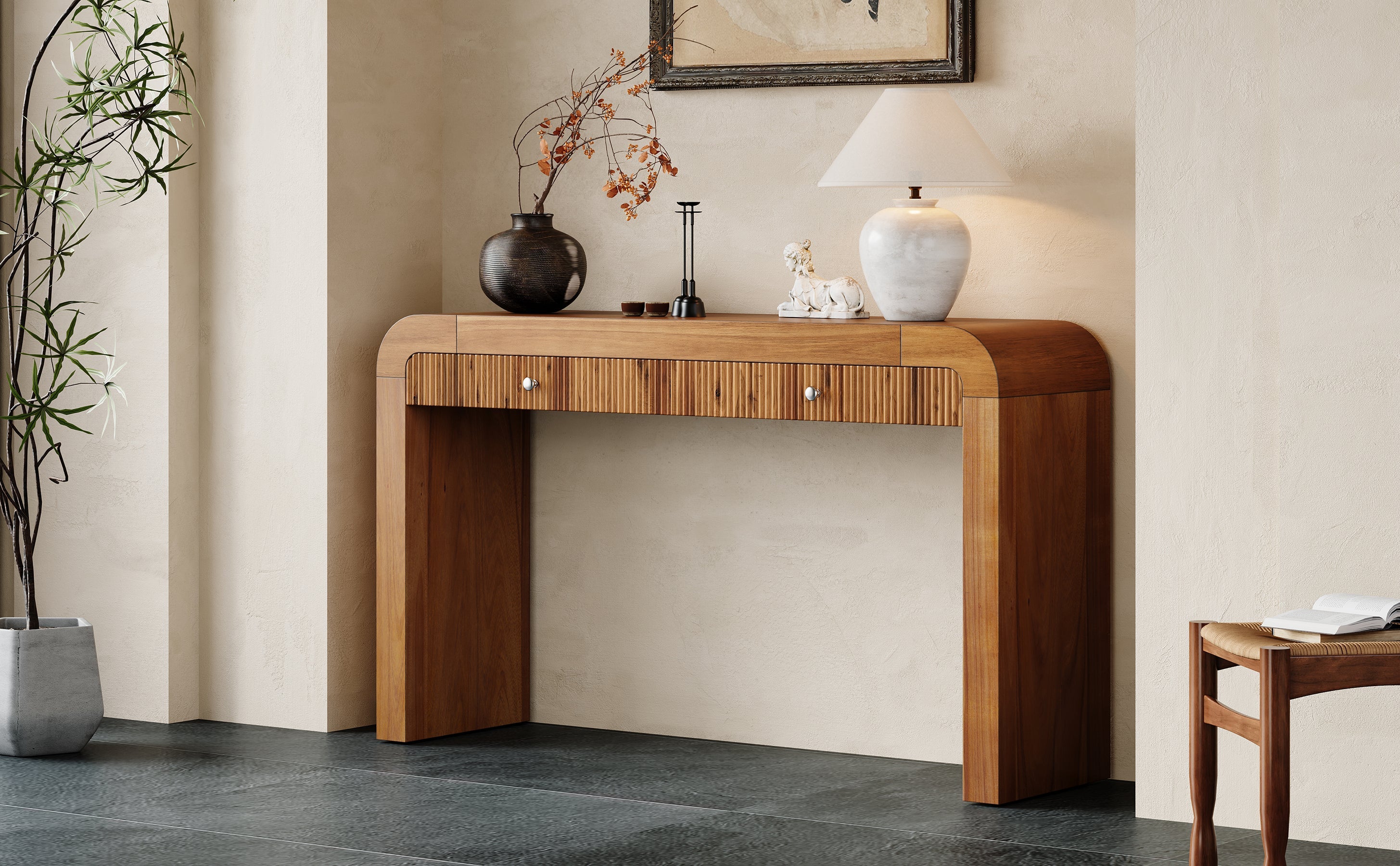 TREXM Rustic Console Table with Fluted Drawer Front, Entryway Table with Curved Corners & Thick Legs, Sturdy Sofa Table for Hallway & Living Room (Brown)