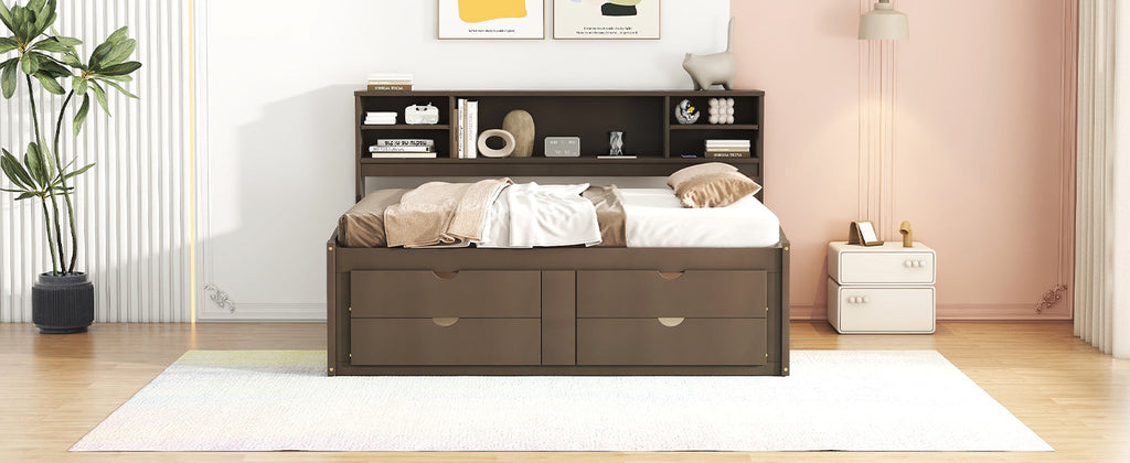 Full Size Wood Daybed with 2 Bedside Cabinets, Upper Shelves and 4 Drawers, Antique Brown