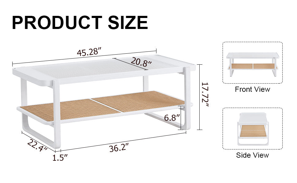 Modern minimalist white double layered solid wood coffee table. Glass tabletop, imitation rattan  edge table. Rectangular table suitable for living room, dining room, and bedroom