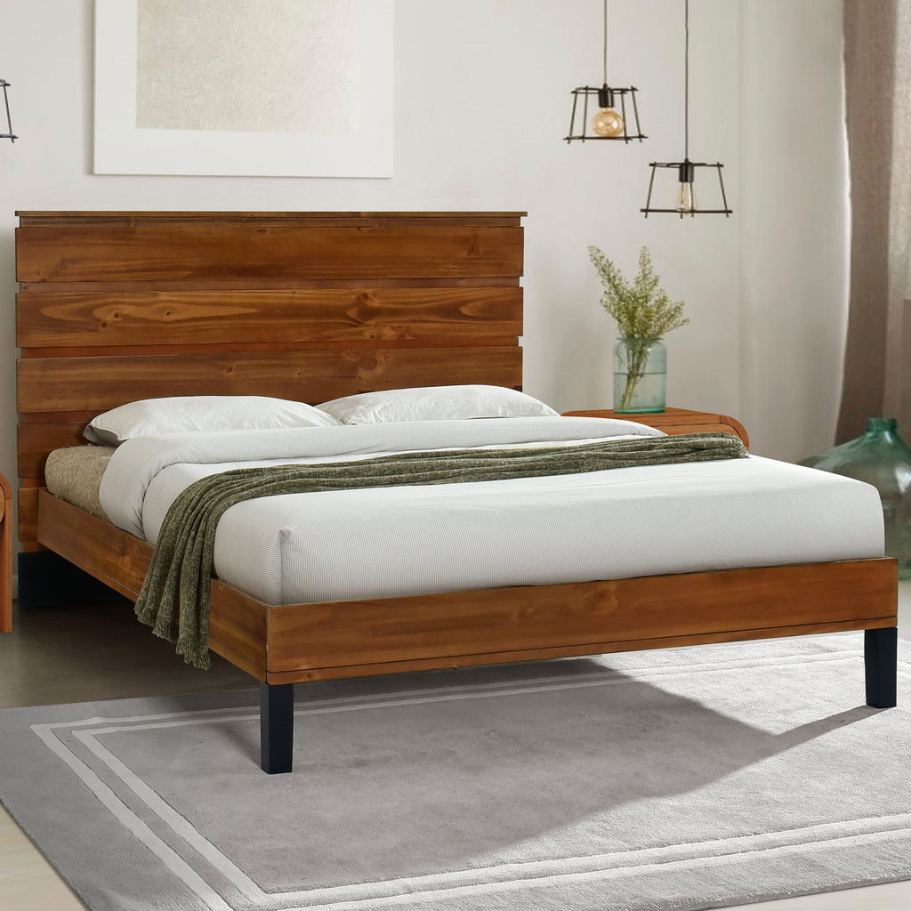 Mid-Century Modern Solid Wood Bed Frame Full Size Platform Bed with Six-Piece Headboard Design, No Box Spring Needed, Brown