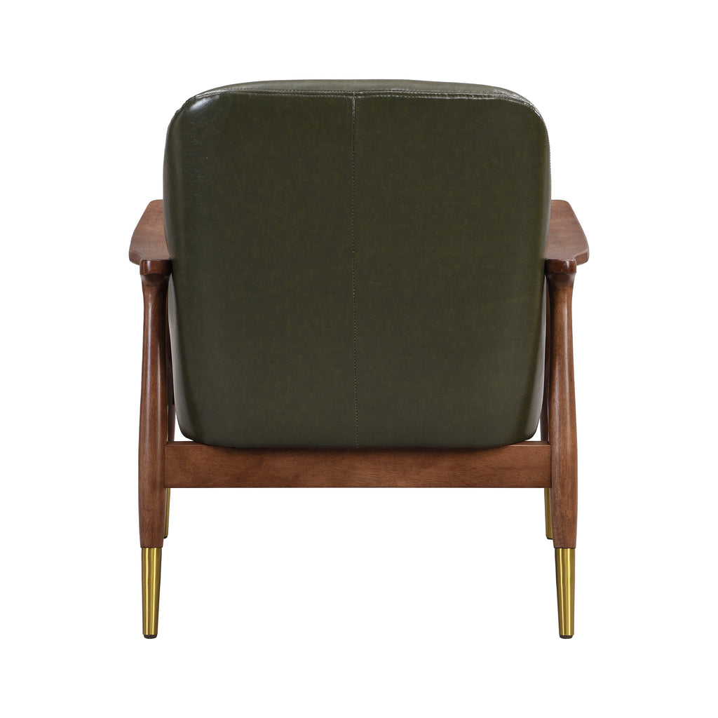 Mid-Century Faux Leather Accent Chair with Cushioned Seat, Solid Wood Frame, Brass-Tipped Legs, Cognac-Brown