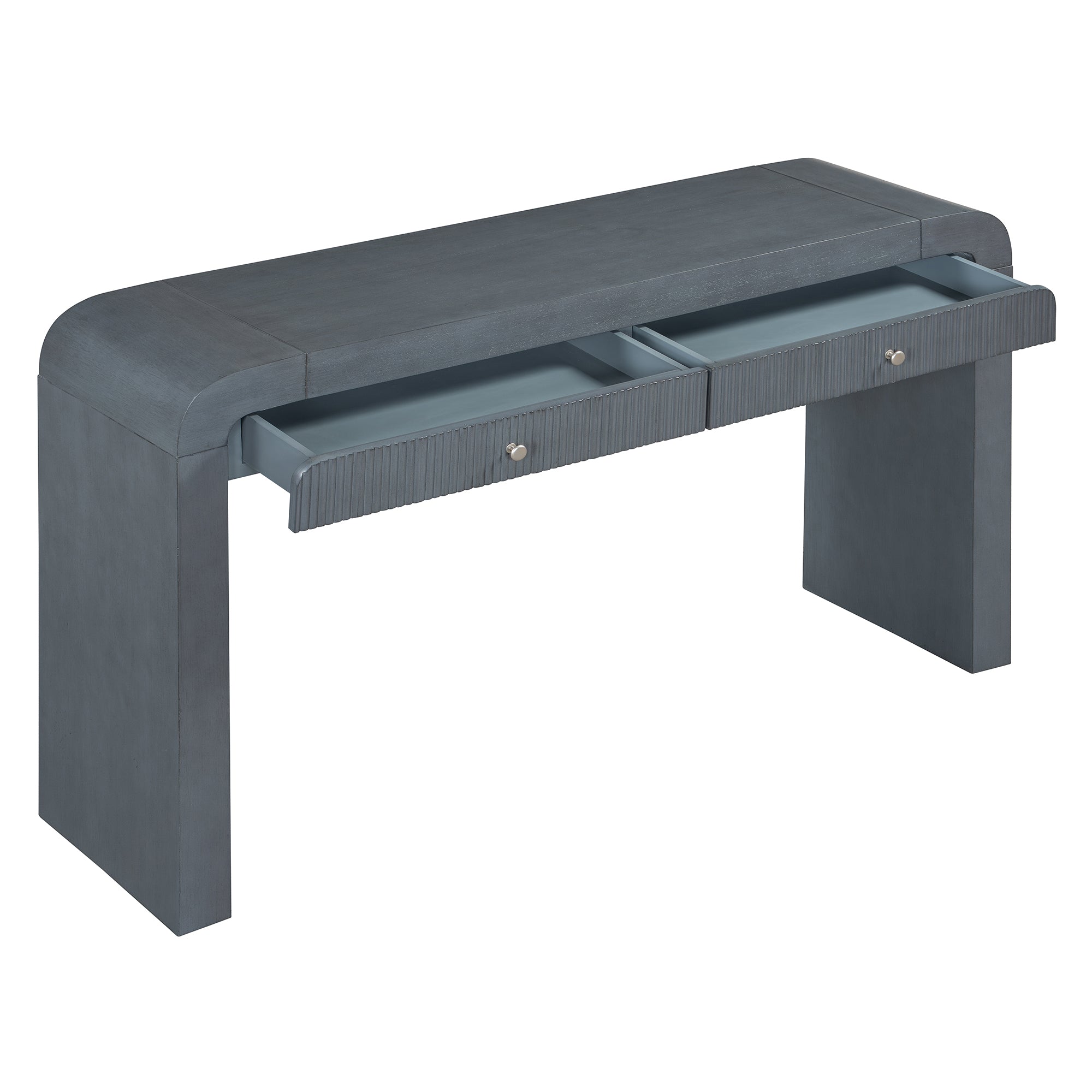 TREXM Rustic Console Table with Fluted Drawer Front, Entryway Table with Curved Corners & Thick Legs, Sturdy Sofa Table for Hallway & Living Room (Dark Navy)