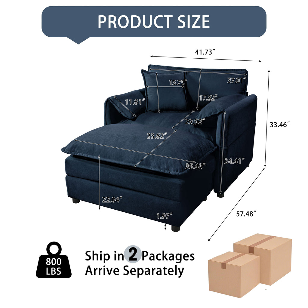 Oversized 57.48' Recliner Chair with Movable Ottoman - Soft Chenille Upholstered Indoor Lounge Chair for Living Room or Bedroom,DIY Combination,Blue