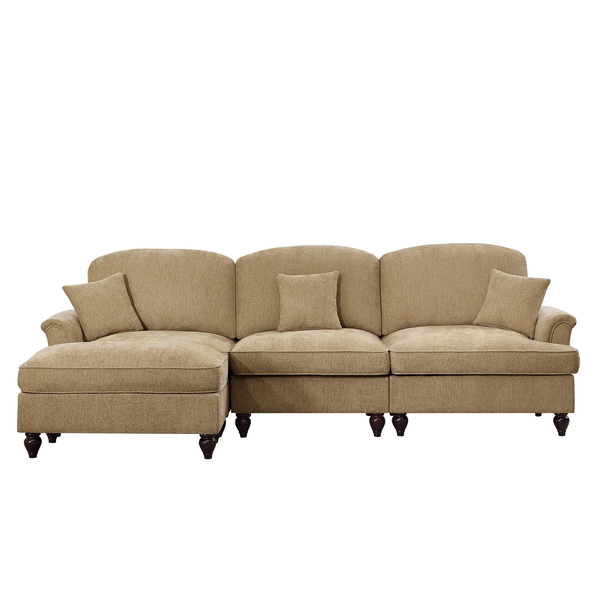 Mid Century Three Seater Modular L Shaped Sectional Couch with Flared Arms and Removable Ruffles Pleats Skirts and Spindle Legs, Comfy Chenille 3-Seat Deep Seat Sofa with Movable Ottoman,Light Coffee