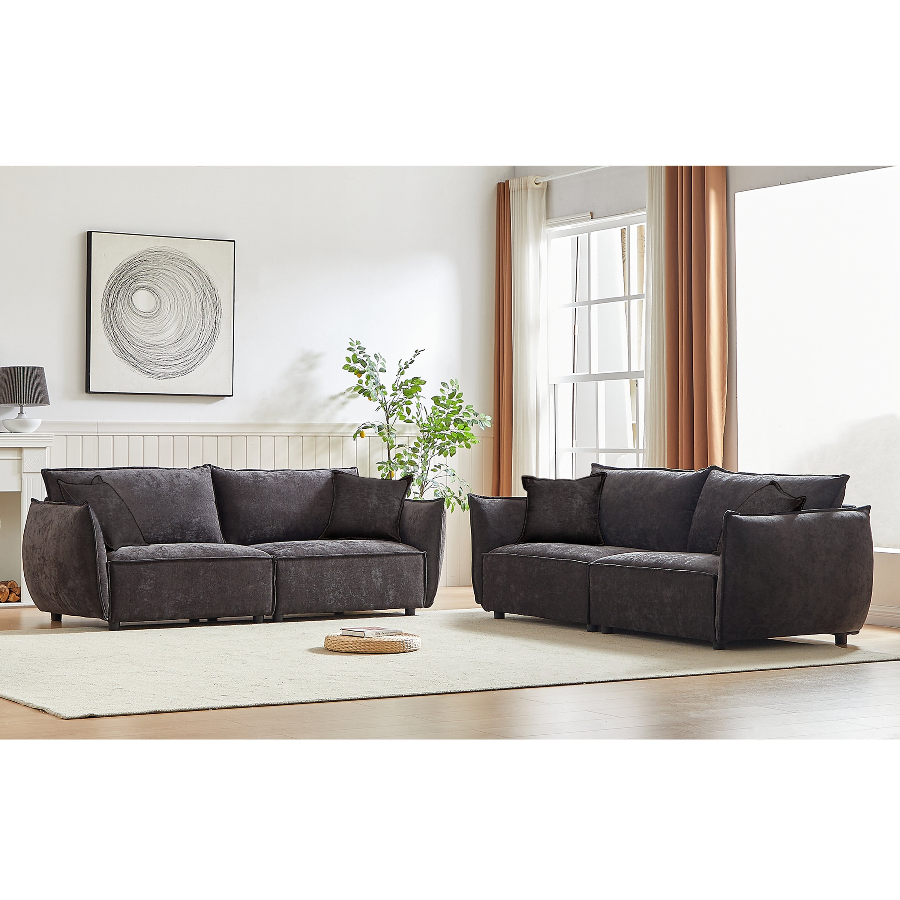 3-Seater + 3-Seater Combo Sofa Modern Living Room Sofa, Linen Fabric Sofa, Wooden Frame with 4 Pillows, Apartment Sofa Furniture