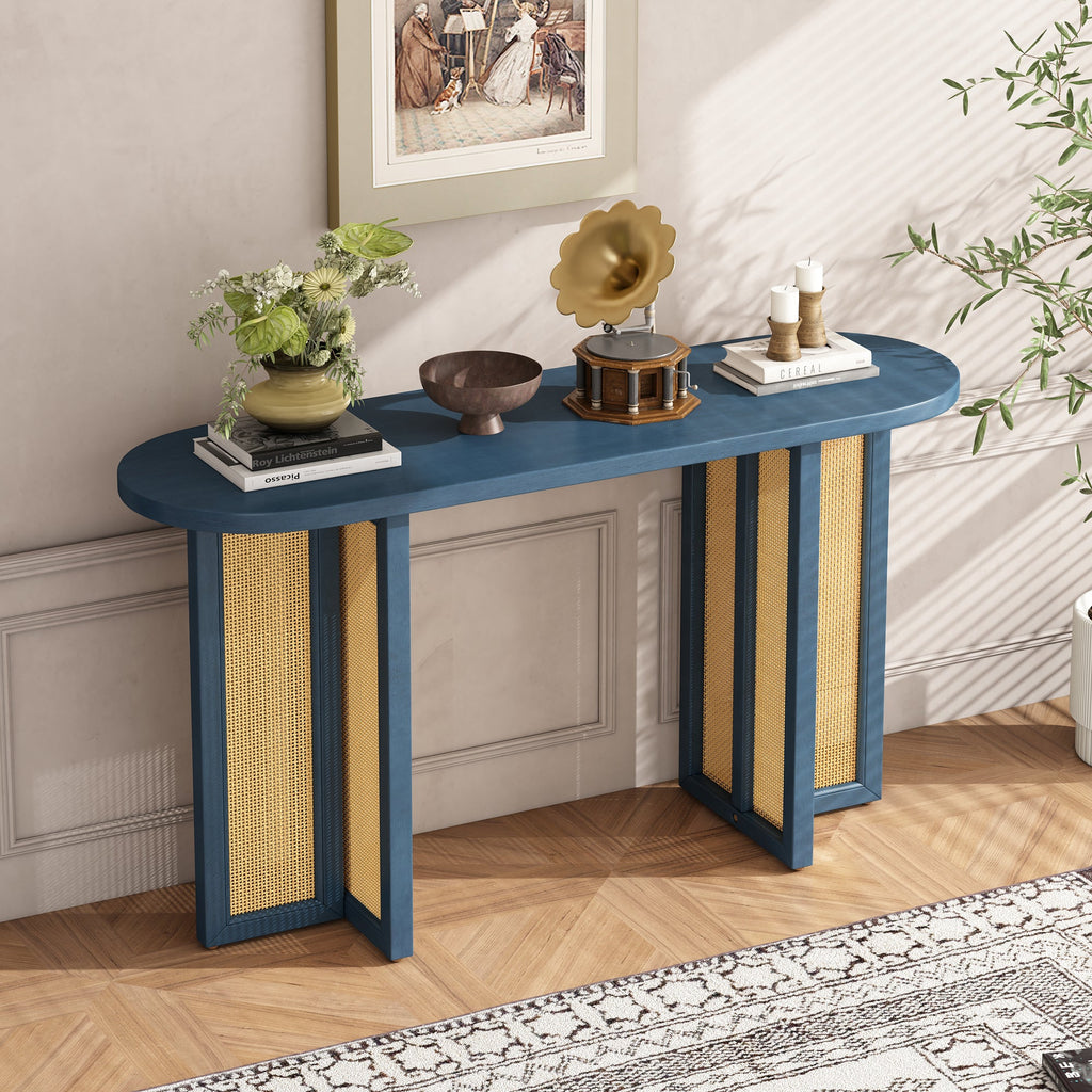 TREXM Farmhouse Rattan Console Table Entryway Table, Narrow Console Table with Storage, Hallway Table for Living Room, Entrance (Navy)
