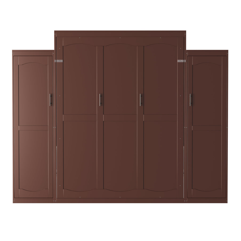 Queen Size Murphy Bed, Wooden Queen Wall Bed with 2 Wardrobe and Storage Shelf, Multifunctional Foldable Platform Bedframe for Guest-Room, Bedroom, Walnut