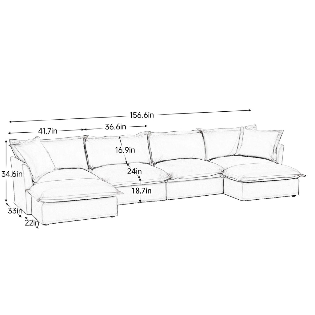 Slipcovered U Shape Sectional Wide and Deep Seat Sofa Couch, 4 Seater Sofa with French Edges Design Multiple Big Pillows, Soft Deep Seat Comfy Cloud Couch for Living Room, Apartment, Chenille Fabric