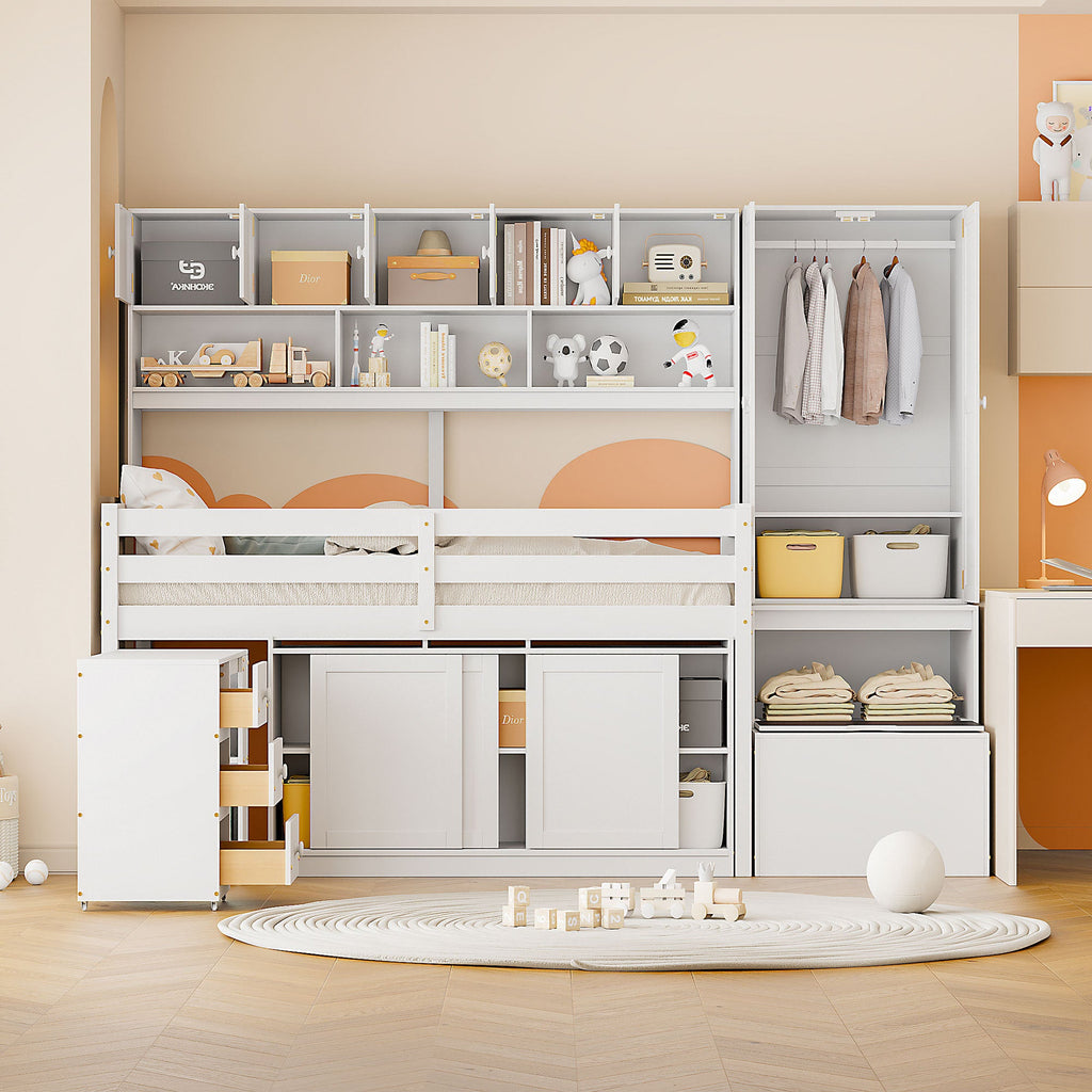 Twin Size Wooden Loft Bed Big Storage with Under-bed Desk, with Drawers, with Shelves, White