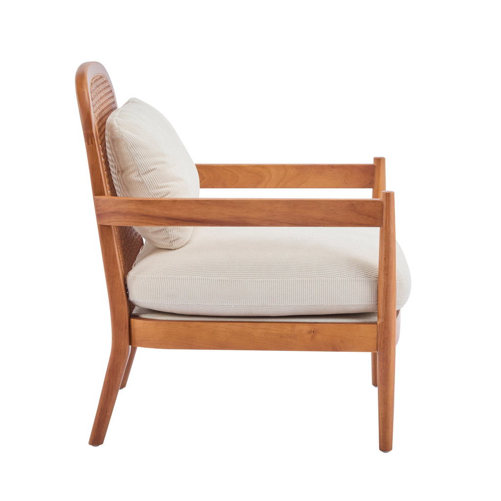 [Set of 2]  26.6' Mid-Century Modern Accent Chair with Walnut Finish Solid Wood Frame and Rattan Backrest, Beige Cushion with Striped Fabric,  Comfy Armchairs for Living Room, Bedroom, Reading Nook