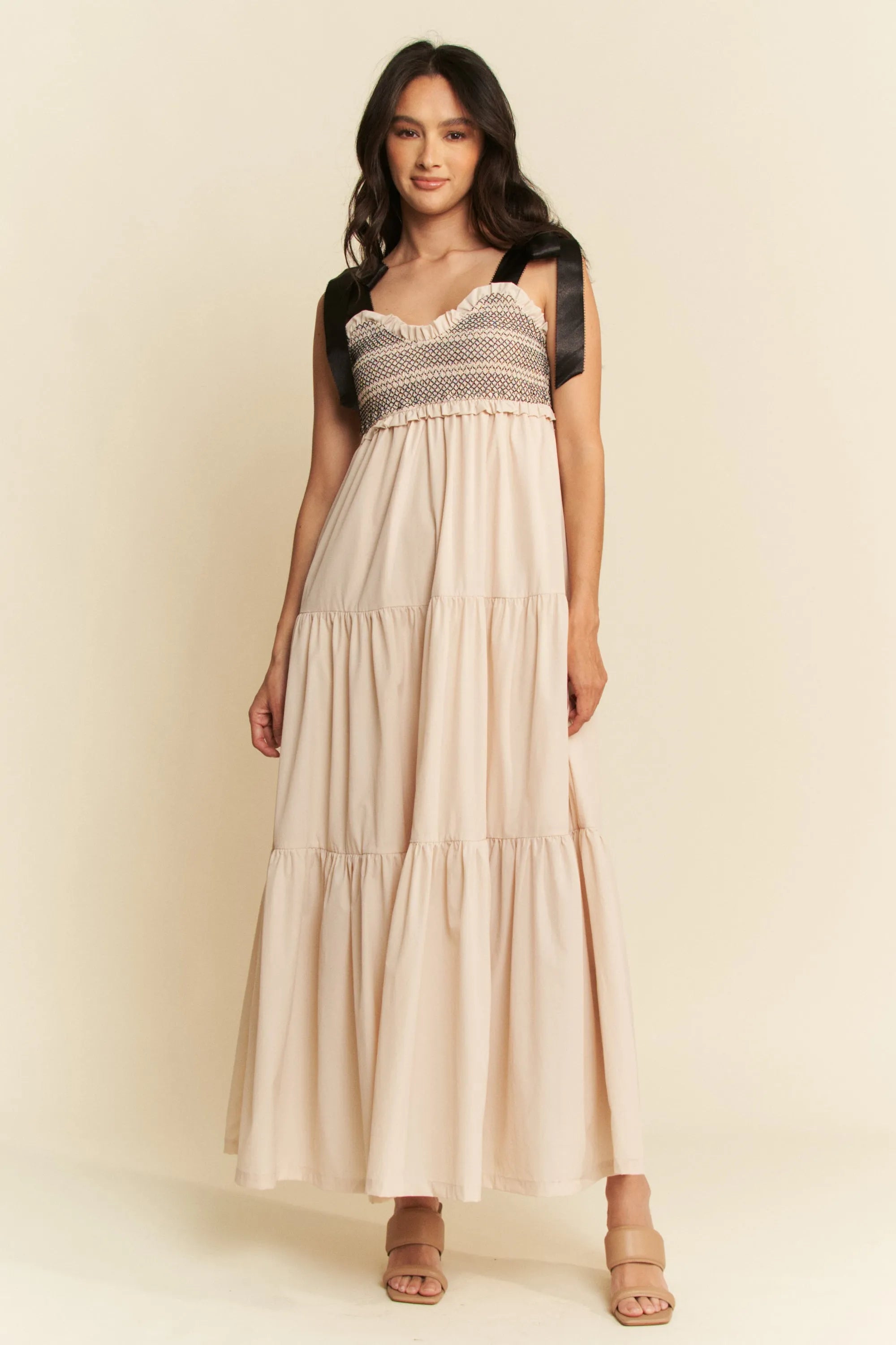 Davi & Dani Multi Contrast Smocked Bodice Straps Maxi Dress
