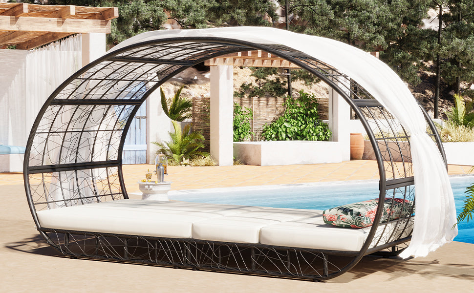 GO 90.55' Outdoor Patio Daybed with Curtain, Sunbed with Cushion and Colorful Pillow, Wicker Lounge Chairs Backrest Adjustable Recliners for Pool Garden Backyard, Beige Cushion, Black Wicker