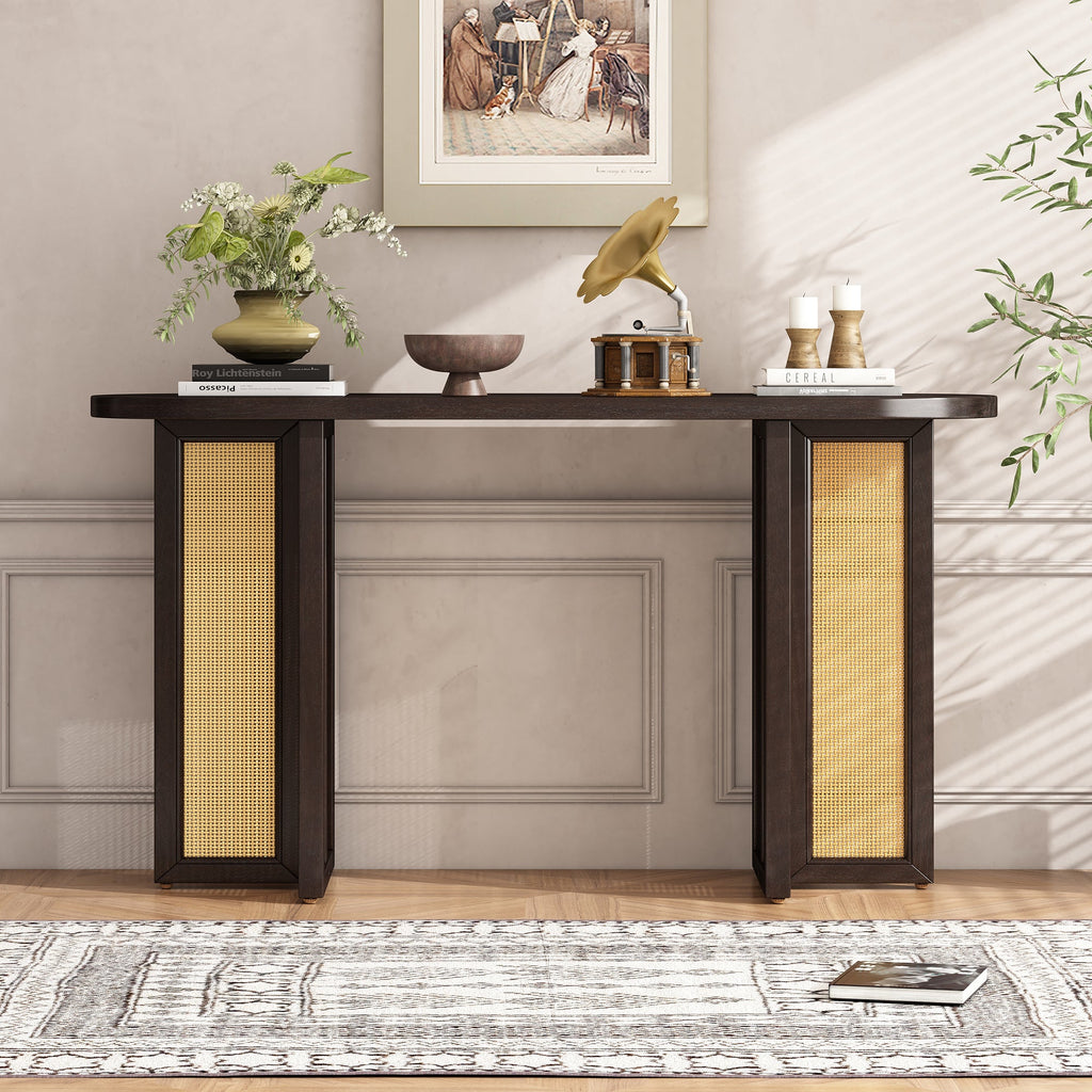TREXM Farmhouse Rattan Console Table Entryway Table, Narrow Console Table with Storage, Hallway Table for Living Room, Entrance (Espresso)