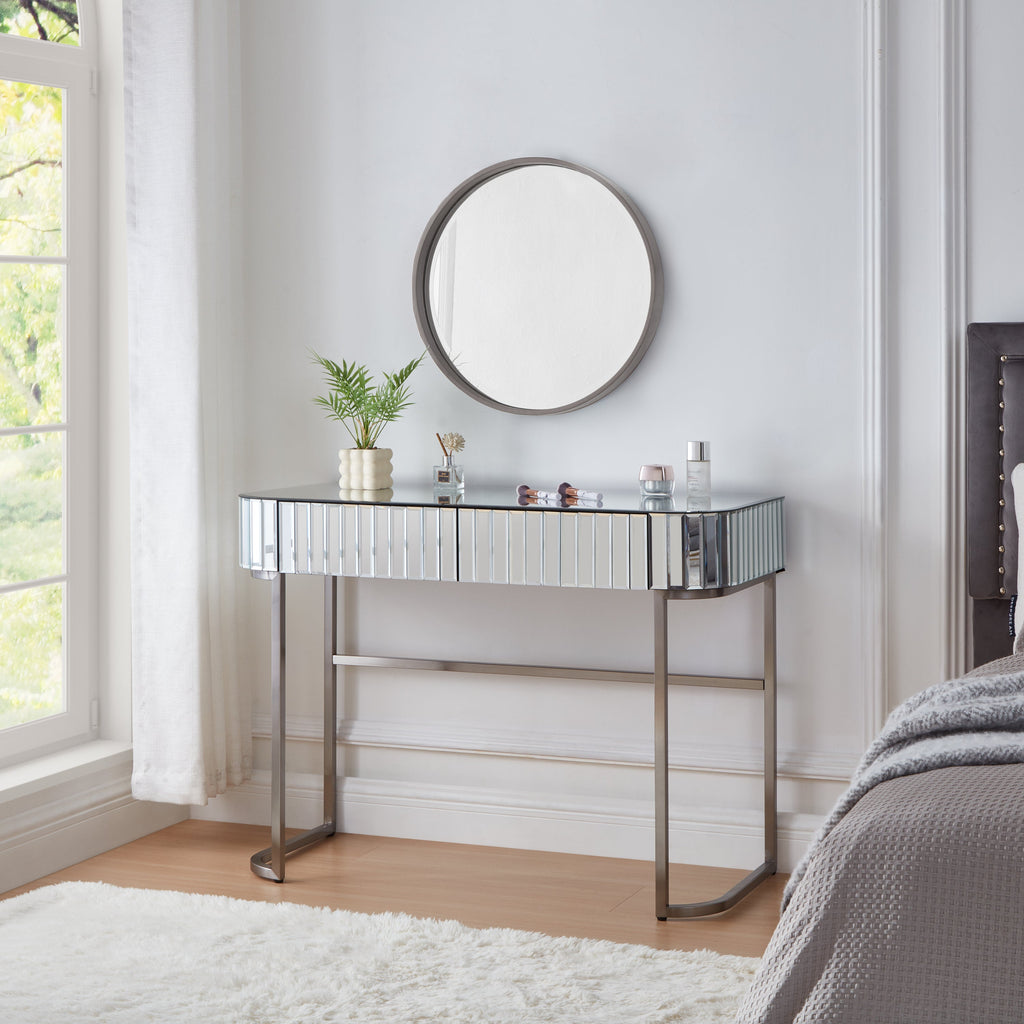 39' Mirrored Makeup Vanity Table with Stainless Steel Base, Mirrored Console Dressing Table with 2 Drawers,Versatile Desk for Bedroom and Office, Silver