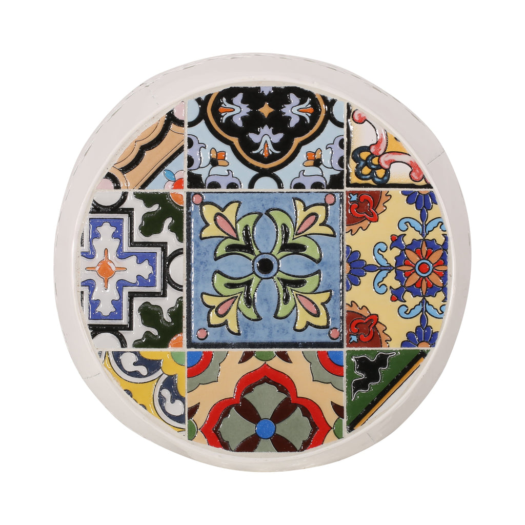 Transitional ROSWELL Side Table with Tile Mosaic Top and Lace Cut Metal Frame in White, Iron, 12.25x12.25x18 Inches