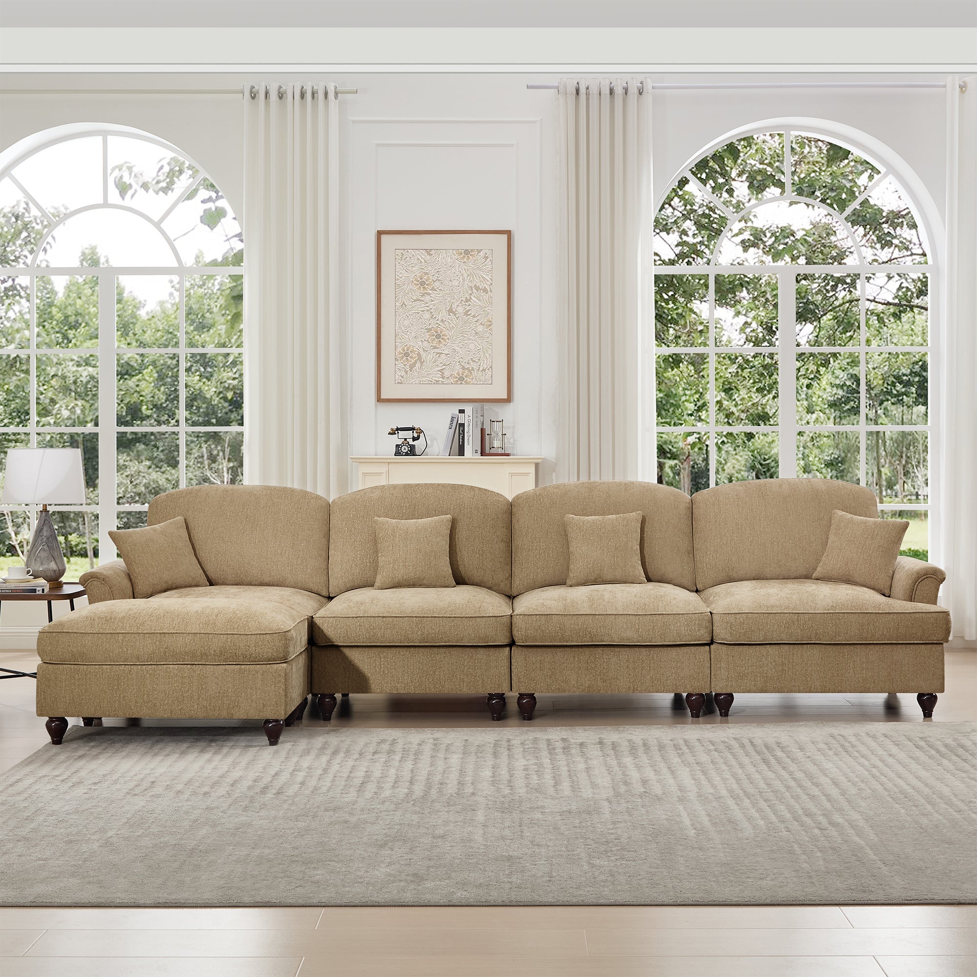 Classic Three Seater Modular L Shaped Sectional Couch with Flared Arms and Removable Ruffles Pleats Skirts and Spindle Legs, Comfy Chenille Four-Seat Deep Seat Sofa with Movable Ottoman, Light Coffee