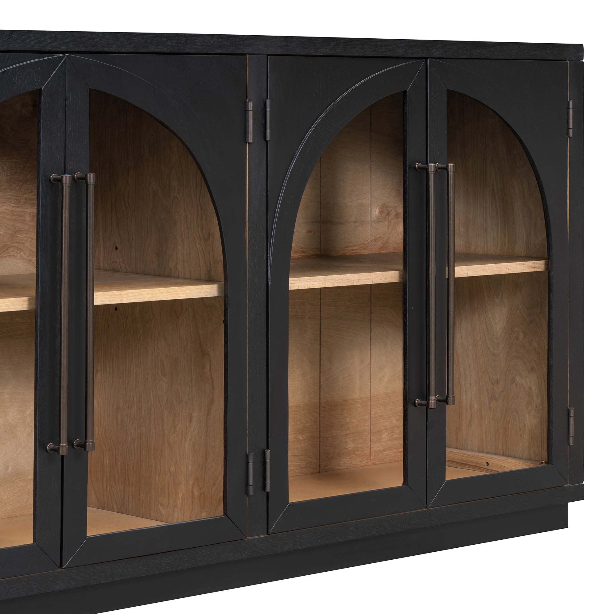 TREXM 4-Door Large Storage Sideboard Buffet Cabinet with Glass Doors, Arched Cabinet with Adjustable Shelves for Kitchen, Dining Room and Living Room (Black)