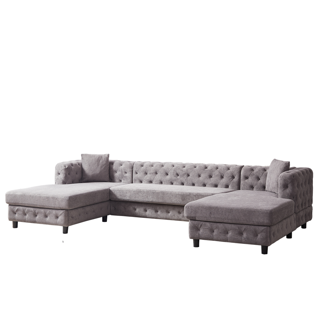 126-inch Modern Style Chenille Three Piece Sofa, Pull Point Design U-shaped Sofa two Chaise Longue Seats, two Pillows and Plastic Feet, Suitable for Living room, Bedroom, Lounge and Projection Room