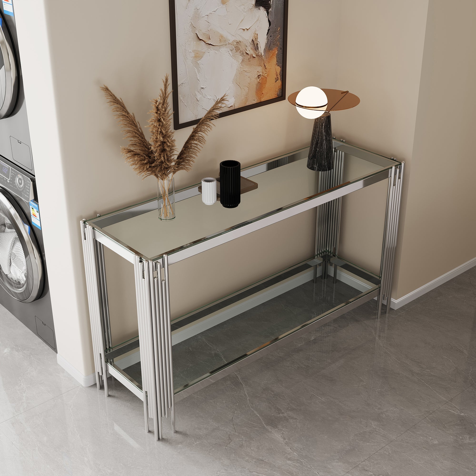 Top and Bottom Double Layer Tempered Glass Console Table and Mirror Finished Stainless Steel Frame