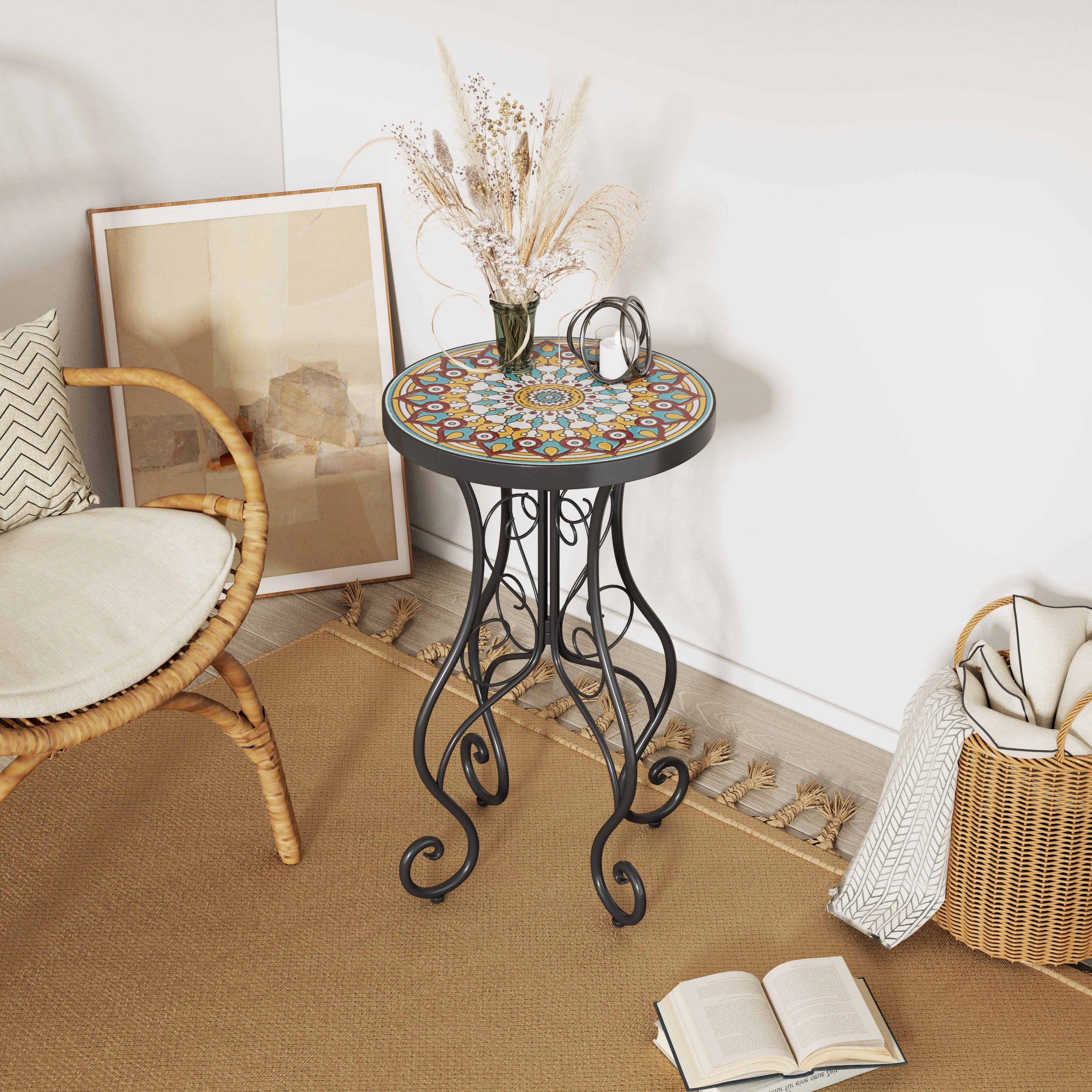 Vibrant French Country Round Ceramic Outdoor Side Table Black Ceramic Tile 14x14x22.44 inches