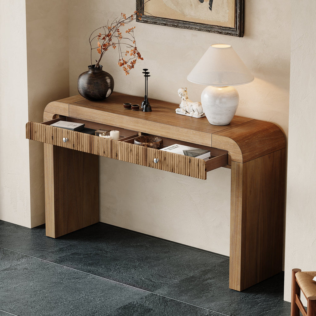 TREXM Rustic Console Table with Fluted Drawer Front, Entryway Table with Curved Corners & Thick Legs, Sturdy Sofa Table for Hallway & Living Room (Natural)
