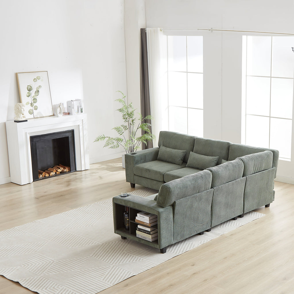 102.75*102.75' L-Shaped Modular Sectional Sofa, Modern Corduroy Sectional Sofa, Arm with Storage With Cup Holder 5-Seat Convertible Sectional Sofa for Living Room, Bedroom, Lounge and Projection Room