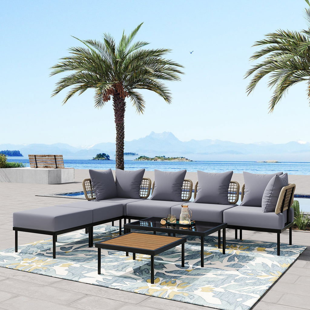 TREXM 8-Piece Patio Sectional Sofa Set with Tempered Glass Coffee Table and Wooden Coffee Table for Outdoor Oasis, Garden, Patio and Poolside (Light Grey Cushion + Black Steel)