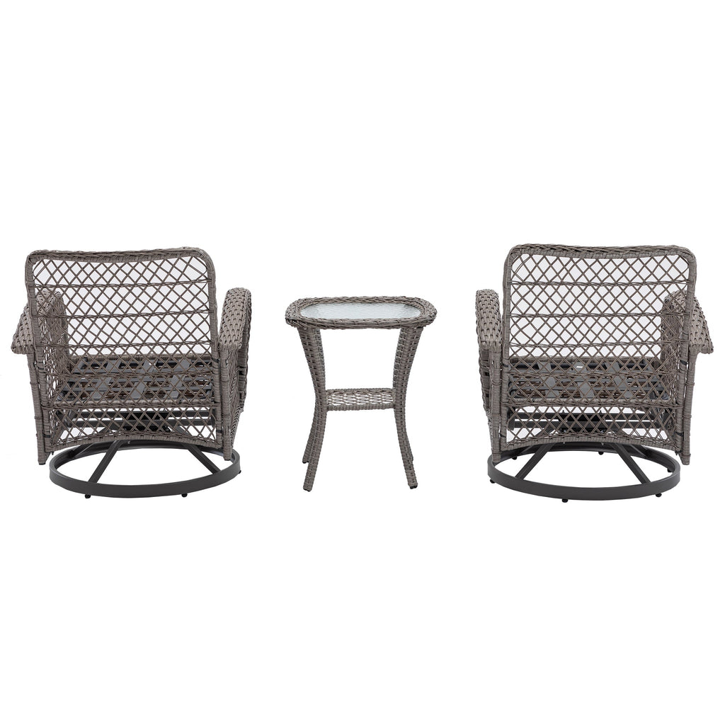 3 Pieces Outdoor Swivel Rocker Patio Chairs, 360 Degree Rocking Patio Conversation Set with Thickened Cushions and Glass Coffee Table for Backyard, Grey