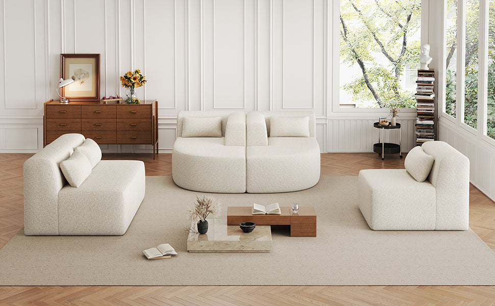 144' Upholstered Sofa Free-combined Sofa Couch with Two Chaise Lounge and Five Back Pillows for Living Room(Old SKU: N719S001600A), Beige