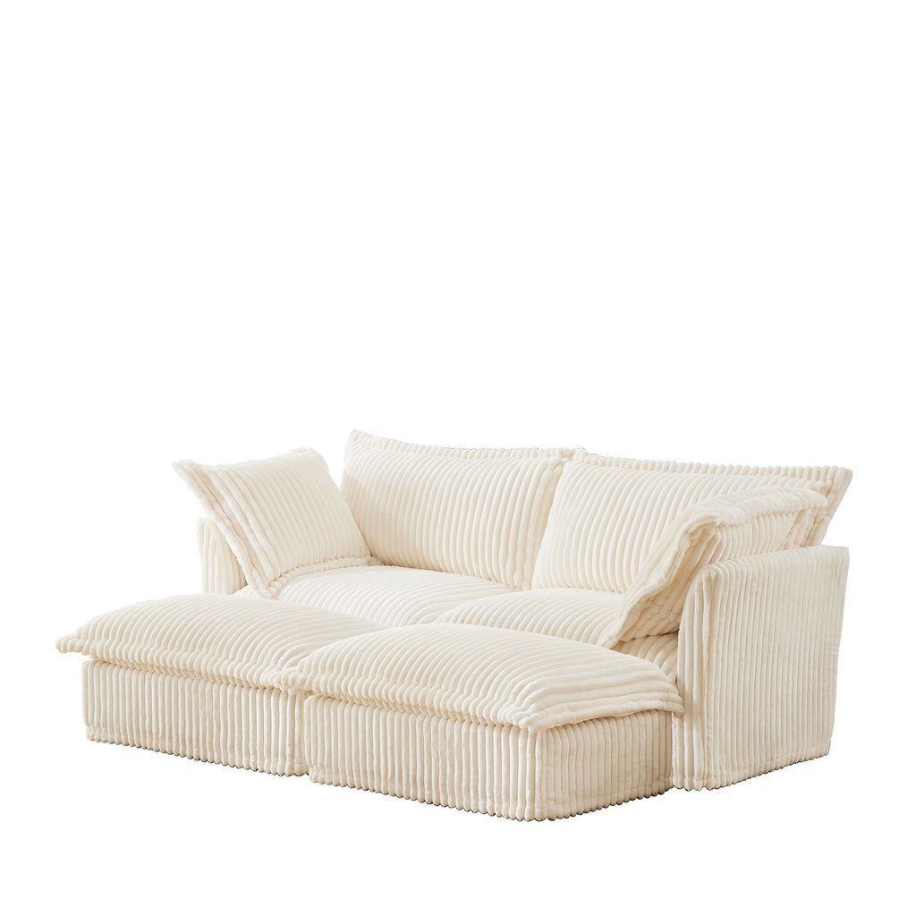 Slipcovered Sofa 2 Seater Sofa    With 2 Ottomans, 2 Seater Sleeper Sofa Bed Home Theater Oversized Sofa For Living Room, Corduroy, Cream