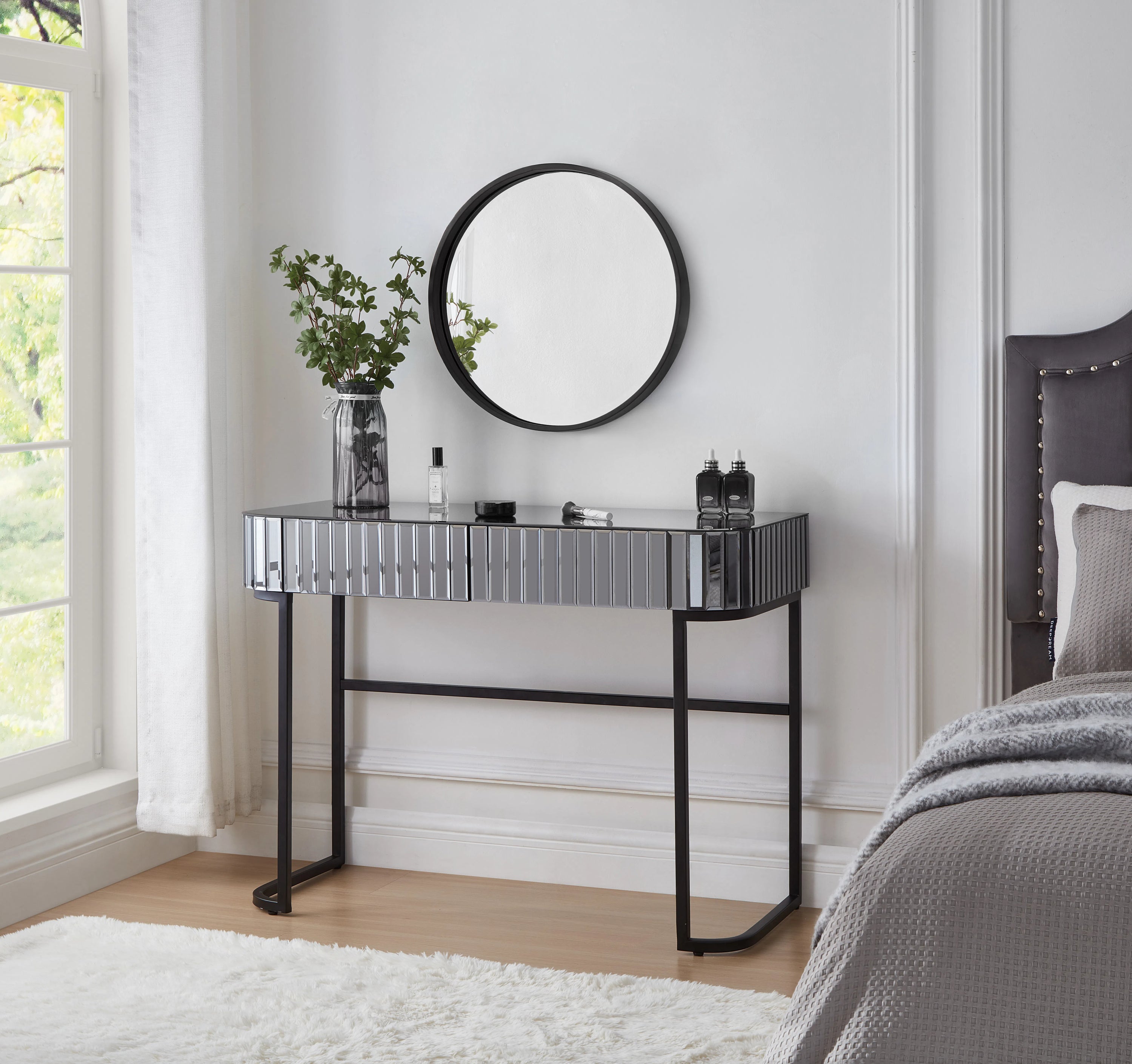 39' Mirrored Makeup Vanity Table with Stainless Steel Base, Mirrored Console Dressing Table with 2 Drawers,Versatile Desk for Bedroom and Office, Gray