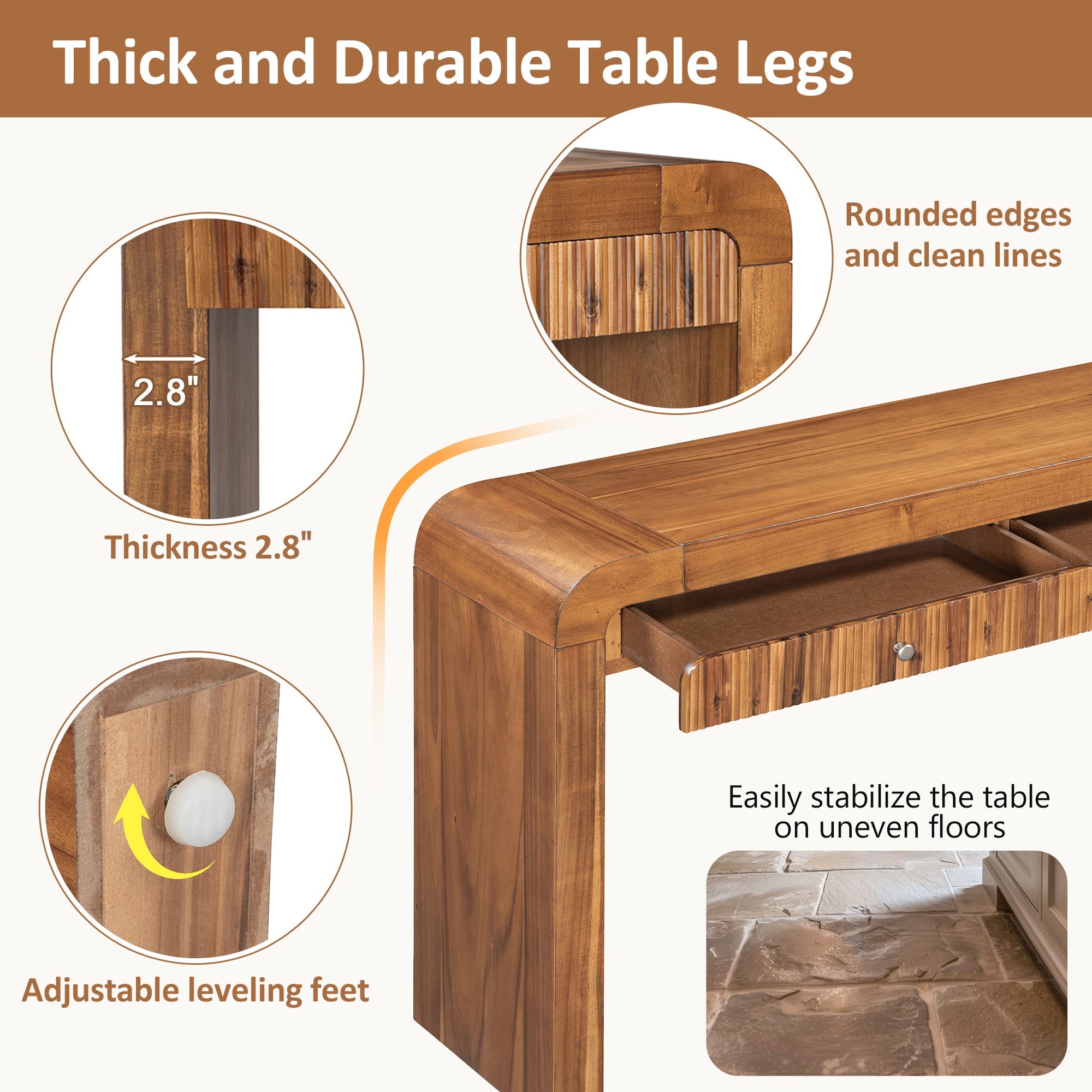 TREXM Rustic Console Table with Fluted Drawer Front, Entryway Table with Curved Corners & Thick Legs, Sturdy Sofa Table for Hallway & Living Room (Brown)