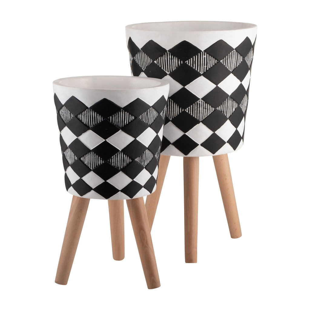 S/2 10/12' DIAMOND PLANTER W/ WOOD LEGS, BLACK(KD)