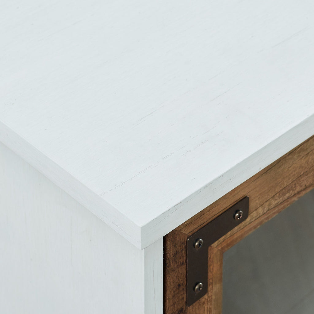 Modern Farmhouse Two-Tone Windowpane Glass-Door TV Stand for TVs up to 65' - Brushed White / Rustic Oak
