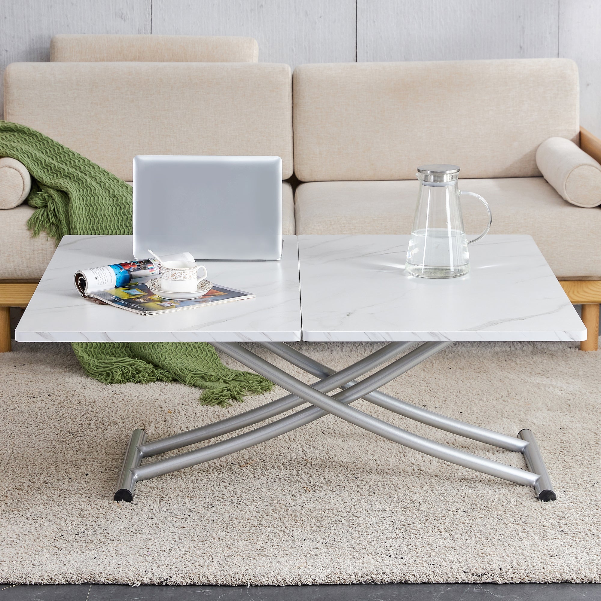 Modern minimalist multifunctional lift table with 0.8 inch MDF desktop and silver metal legs, can be used as a dressing table, coffee table, dining table, and office table