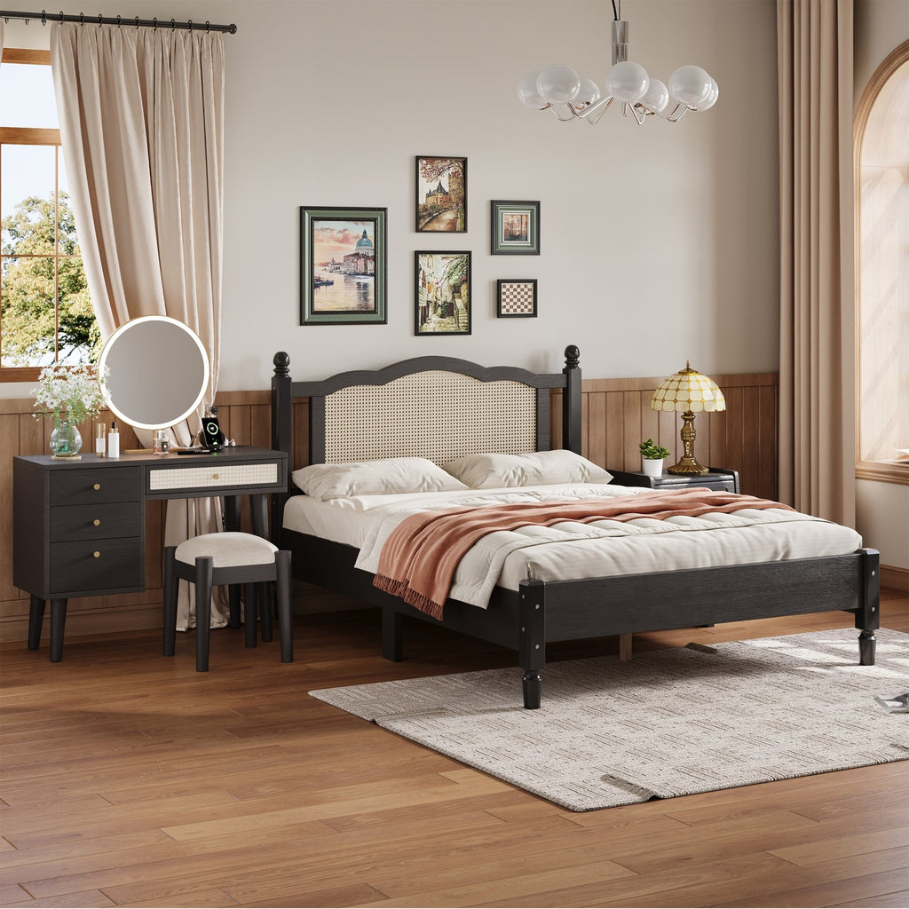 3 Pieces Bedroom Set with Full Size Wooden Bed Frame, 1 Vintage  Nightstand and 1 Makeup Vanity Set with Stool,Black