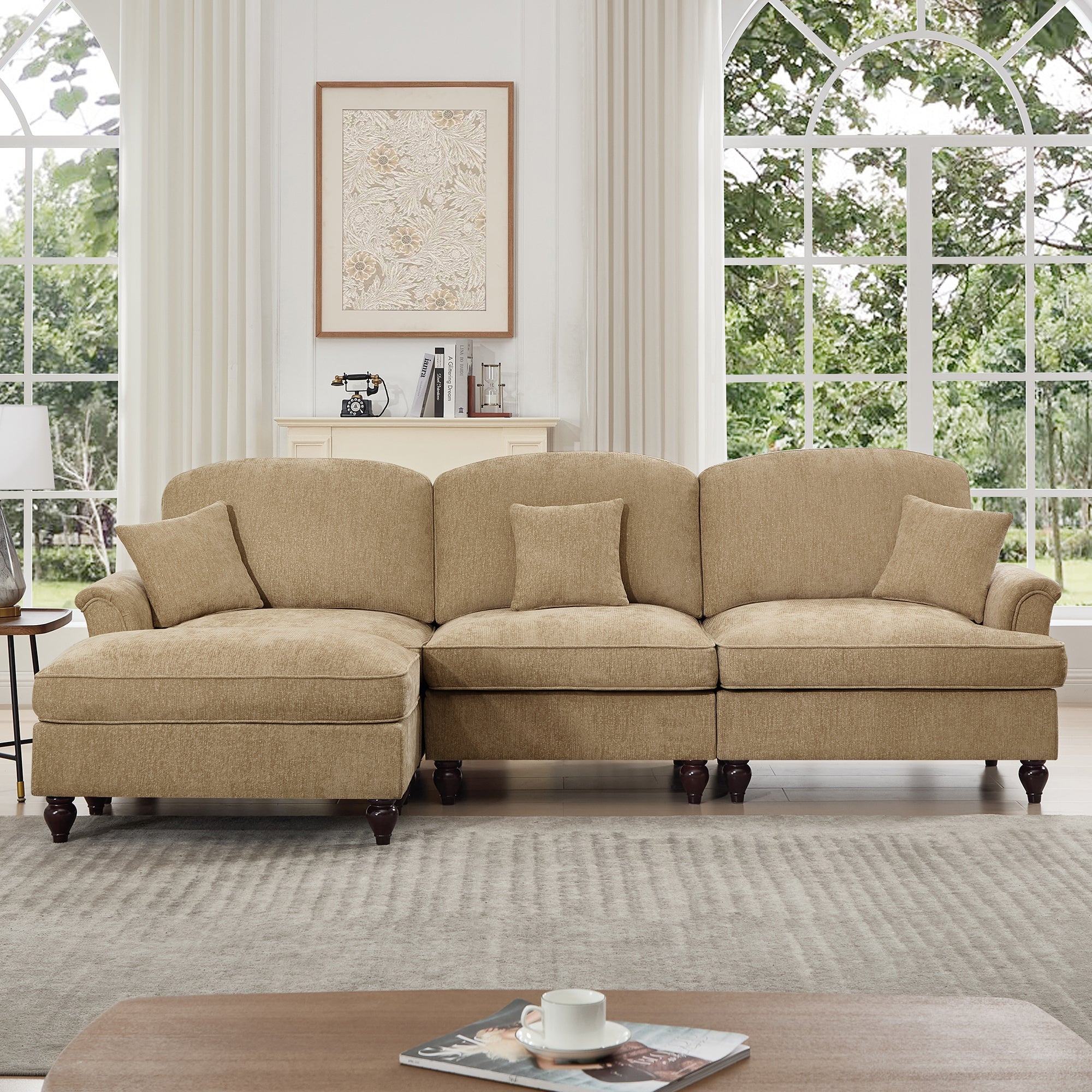 Mid Century Three Seater Modular L Shaped Sectional Couch with Flared Arms and Removable Ruffles Pleats Skirts and Spindle Legs, Comfy Chenille 3-Seat Deep Seat Sofa with Movable Ottoman,Light Coffee