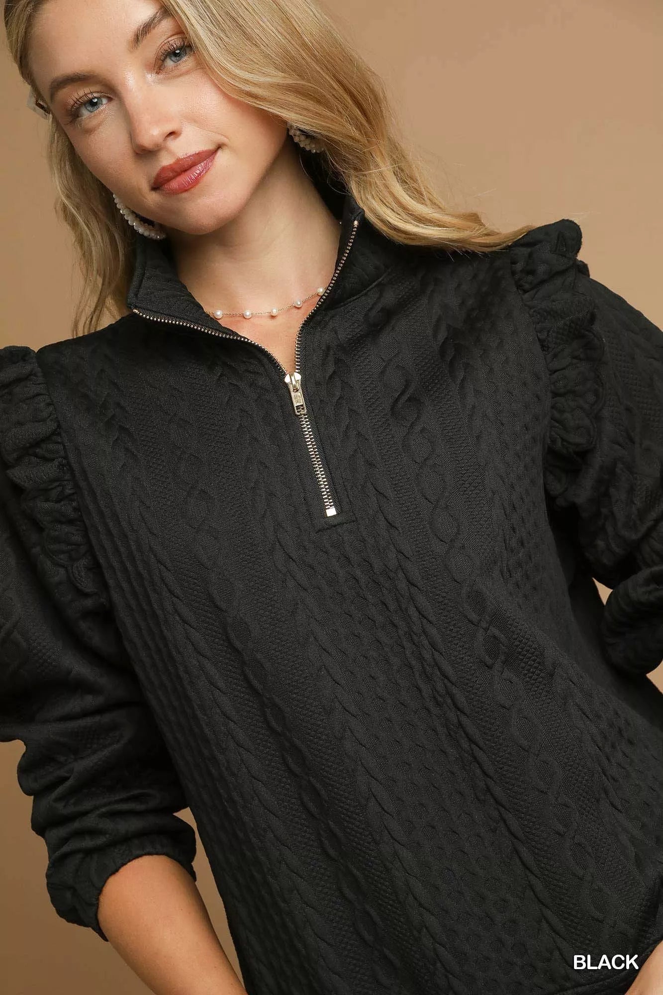 Umgee Cable Knit Textured Pullover with Ruffle Shoulders