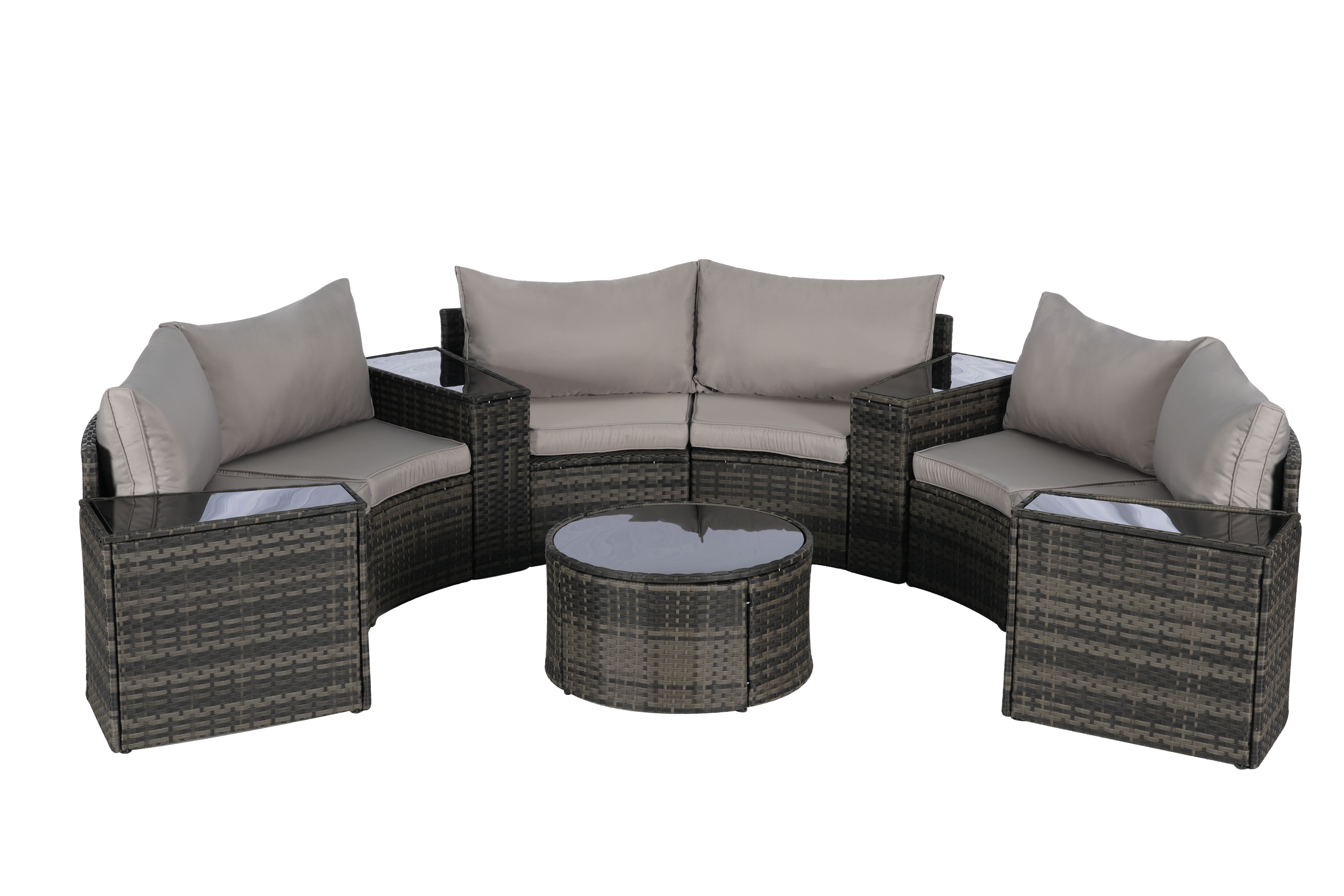 Outdoor Patio Furniture 11-Piece Half-Moon Sectional Round Patio Furniture Set Sofa with Tempered Glass Round Coffee Table