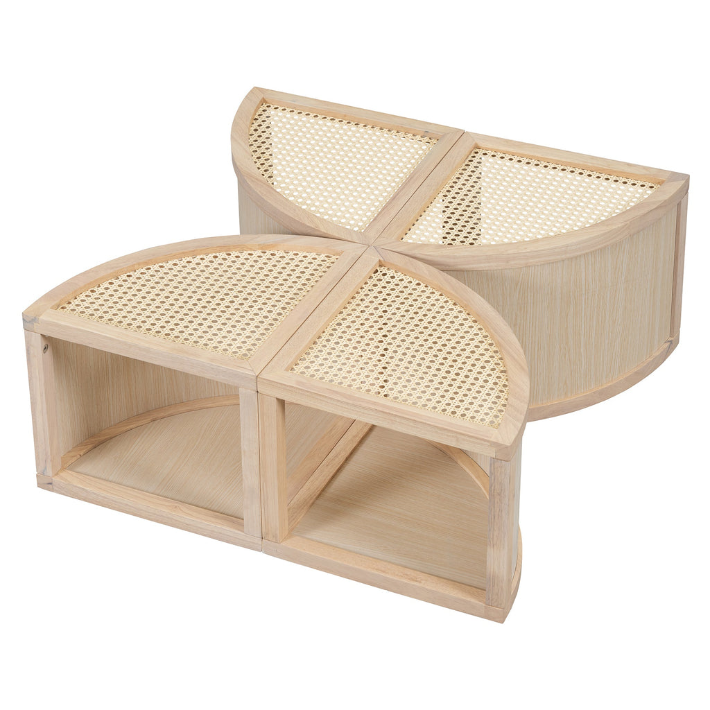 Round to Square Block Modular Coffee Table Light Natural Rattan with Storage 4 Piece