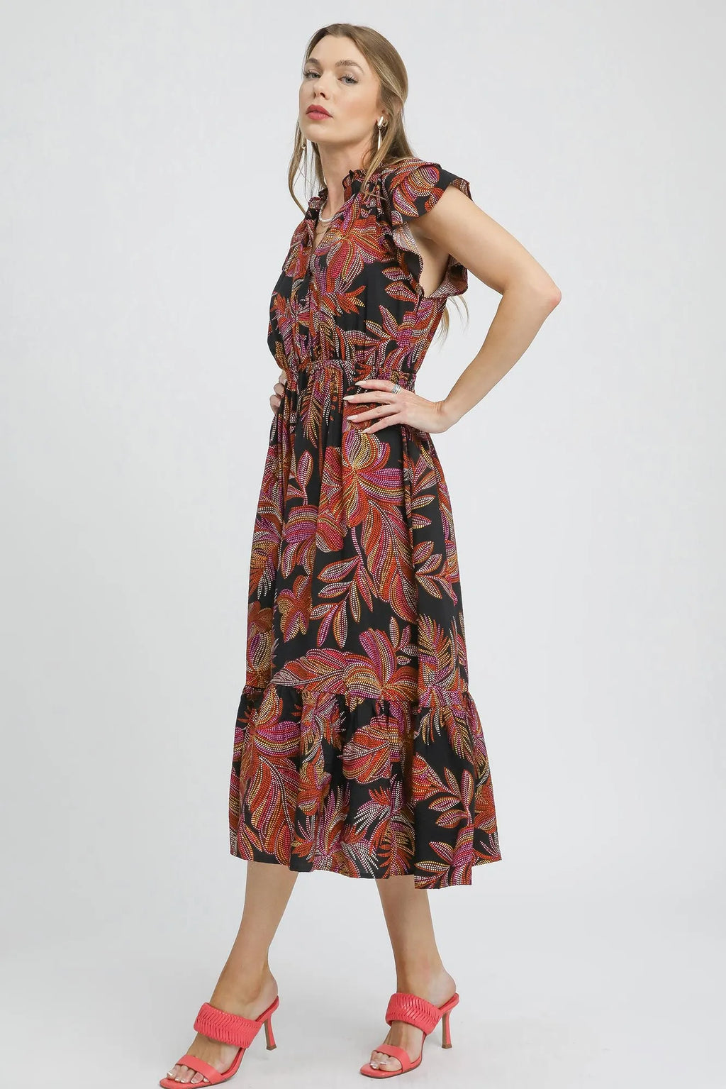 Umgee Mix Ruffle Sleeve Tropical Midi Dress