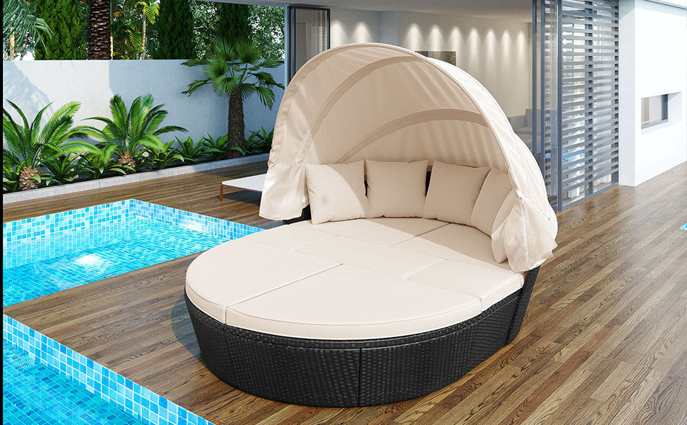 GO Outdoor rattan daybed sunbed with Retractable Canopy Wicker Furniture, Round Outdoor Sectional Sofa Set, black Wicker Furniture Clamshell Seating with Washable Cushions, Backyard, Porch, Beige